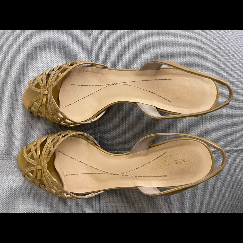Kate Spade tan colored patent leather open toe sling back heels